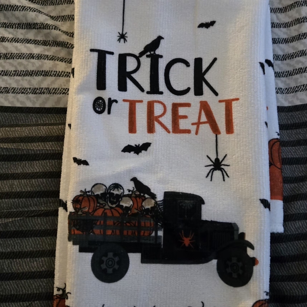 Halloween Trick or Treat Kitchen Towel - Black, Orange, White